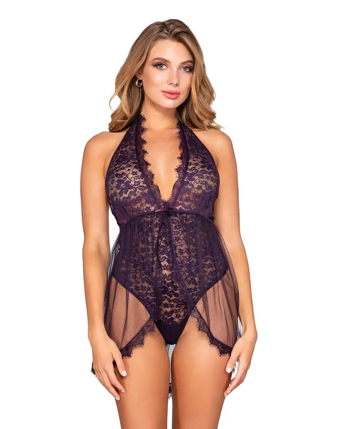 Dream Girl Lingerie Couples | Halter Plunge Front Stretch Lace Teddy Eggplant Dream Girl Lingerie Couples | Halter Plunge Front Stretch Lace Teddy Eggplant