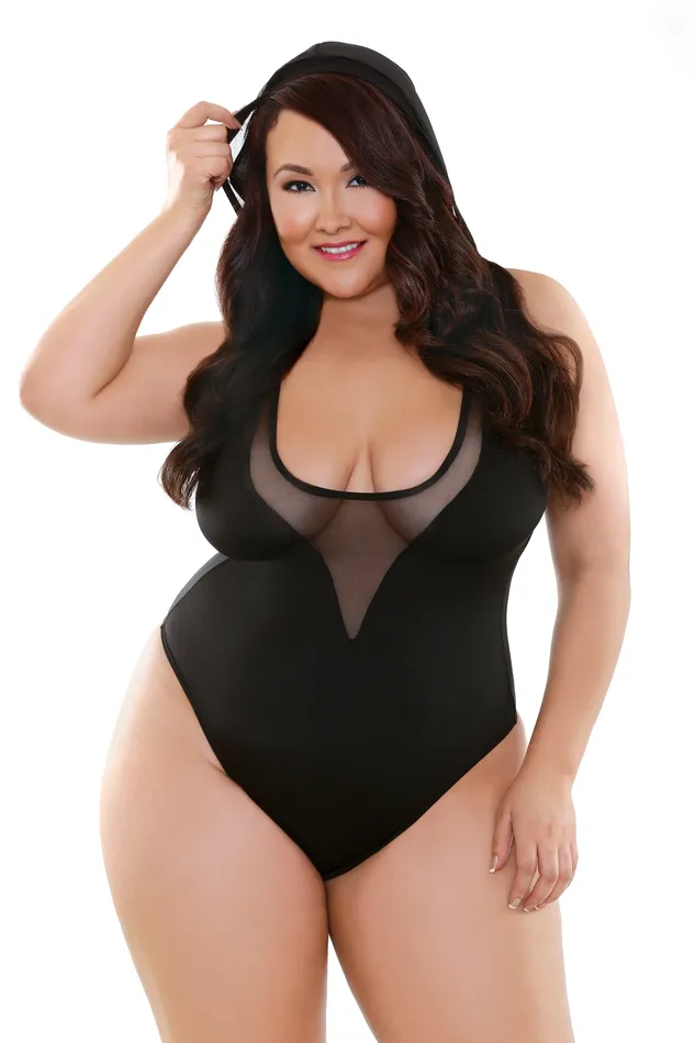 Fantasy Lingerie Vibrators Curve Olivia Mesh Micro Hooded Playsuit 3x4x Black