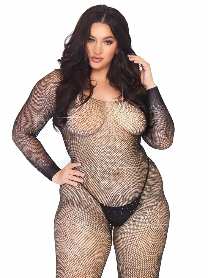Leg Avenue Bodystockings & Playsuits | Crystalized Seamless Fishnet Long Sleeved  Bodystocking - 1x/2x - Black