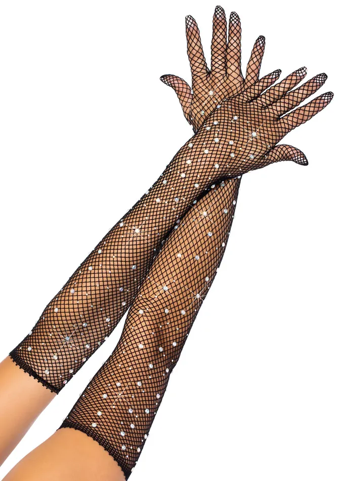 Leg Avenue Rhinestone Fishnet Long Gloves Black Anal