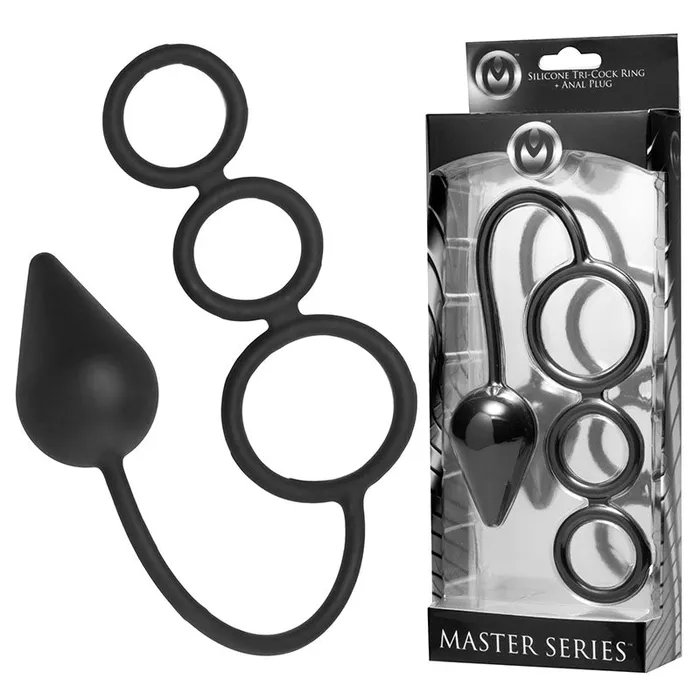 Male Sex Toys XR Brands Master Series Silicone TriCock Ring Anal Plug Black Cock Balls Rings with Anal Plug