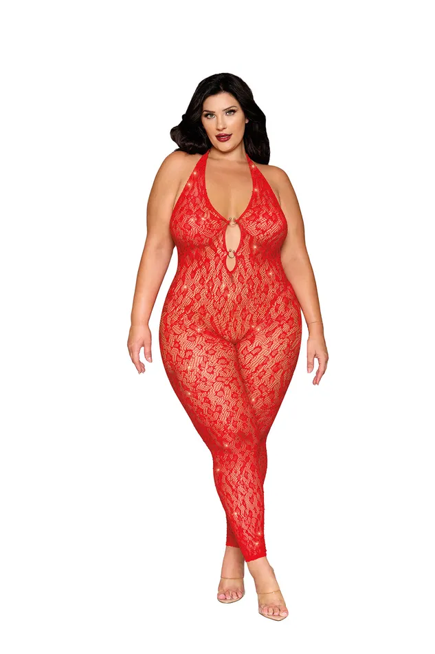 Bodystockings Playsuits Dreamgirl Rhinestone Bodystocking Dmnd Queen Size Poinsettia