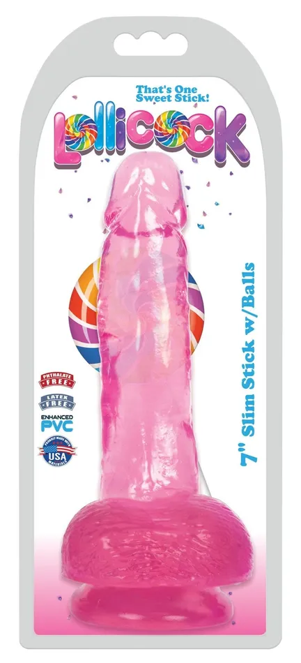 Curve Toys Dildos Lollicock 7 Inch Slim Stick With Balls Cherry Ice