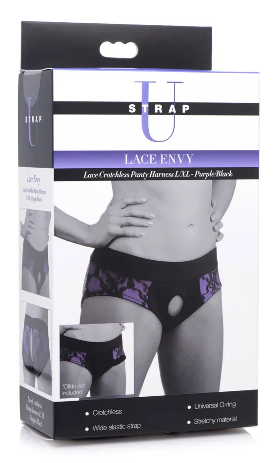 XR Brands Strap U Lace Envy Crotchless Panty Harness S M Black and Purple Vibrators