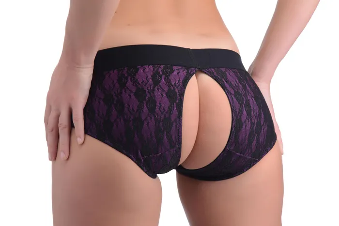 XR Brands Strap U Lace Envy Crotchless Panty Harness S M Black and Purple Vibrators XR Brands Strap U Lace Envy Crotchless Panty Harness S M Black and Purple Vibrators
