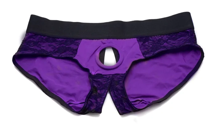 XR Brands Strap U Lace Envy Crotchless Panty Harness S M Black and Purple Vibrators XR Brands Strap U Lace Envy Crotchless Panty Harness S M Black and Purple Vibrators
